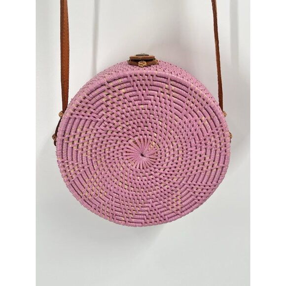 Street Level Pink Rattan Circle Purse Bag Boho Coastal Festival - Picture 4 of 6